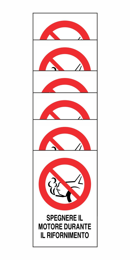 KIT DI 6 ADESIVI RETTANGOLARI - SPEGNERE IL MOTORE DURANTE IL RIFORNIMENTO - Pittogramma ISO 7010 Con Stampa Diretta U.V. (IDEALE ANCHE PER ESTERNO)