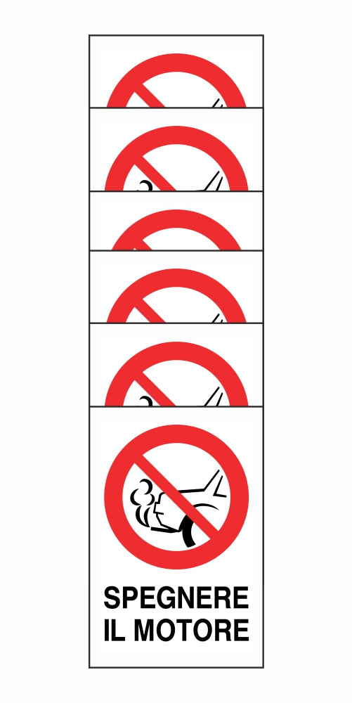 KIT DI 6 ADESIVI RETTANGOLARI - SPEGNERE IL MOTORE - Pittogramma ISO 7010 Con Stampa Diretta U.V. (IDEALE ANCHE PER ESTERNO)