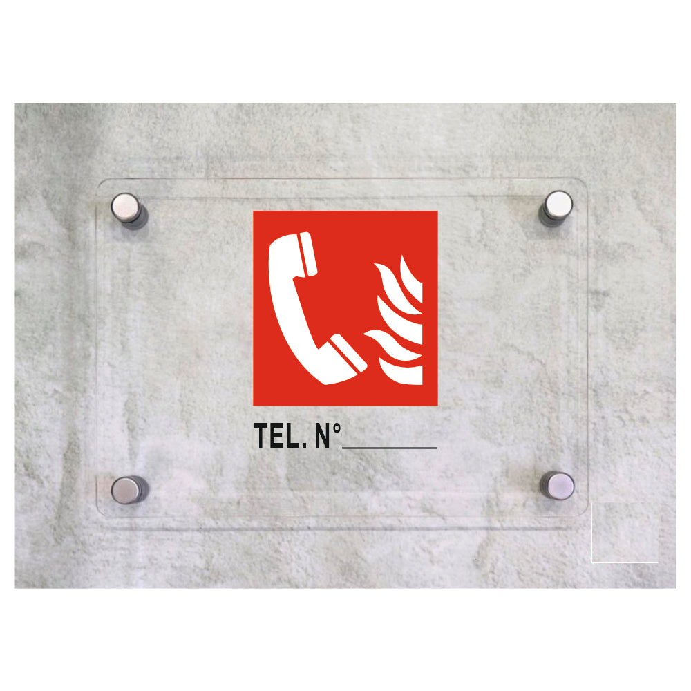 Global Targa Cartello in plexiglass - TELEFONO ANTINCENDIO N.__ - Con Distanziali in acciaio inox, Stampa UV.