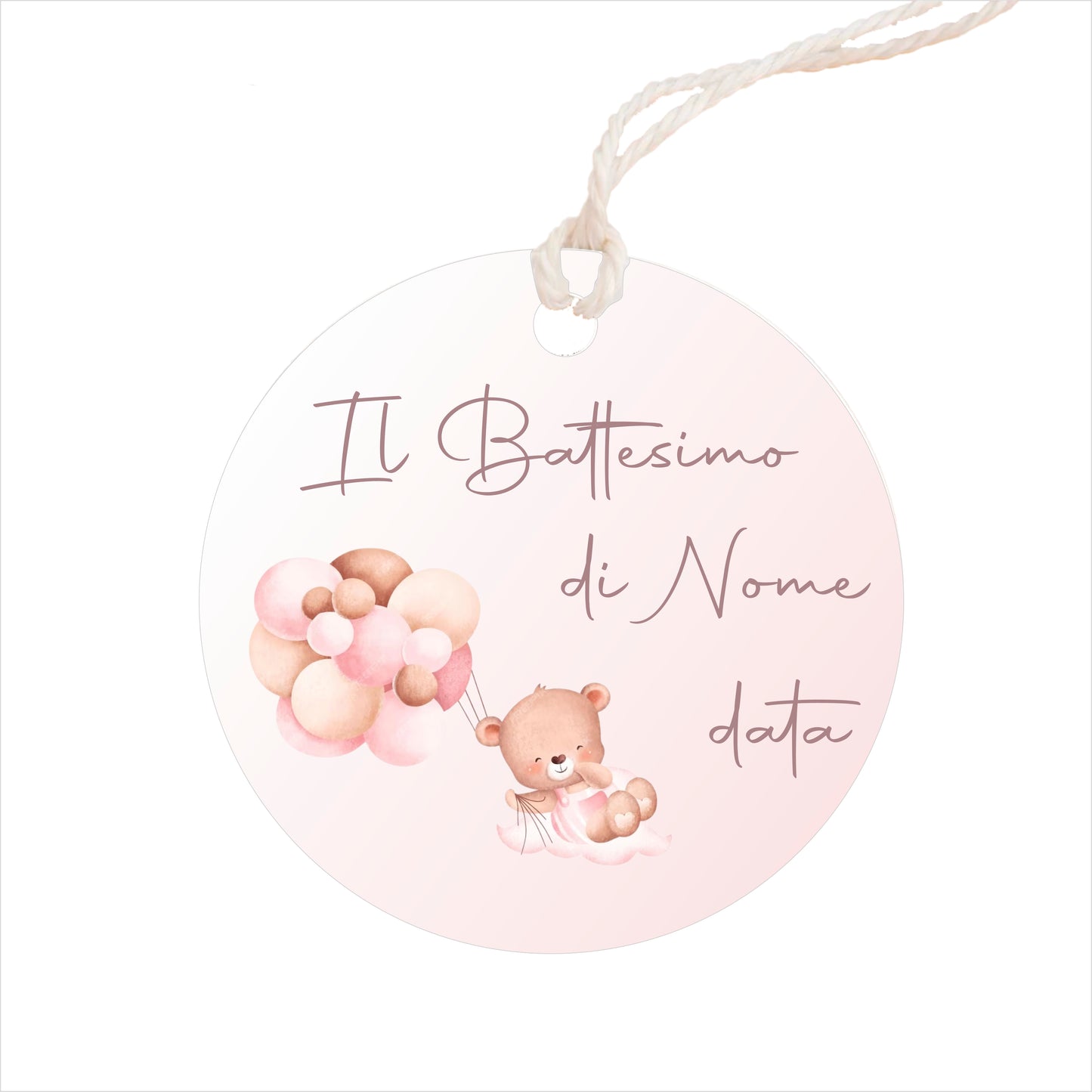 GLOBAL Bigliettini Bomboniera per Battesimo Personalizzato - ORSETTO BIMBA - Bigliettini Bomboniera con piega, Bigliettini Bomboniera tondo, Personalizzati con Nome e Data, MADE IN ITALY