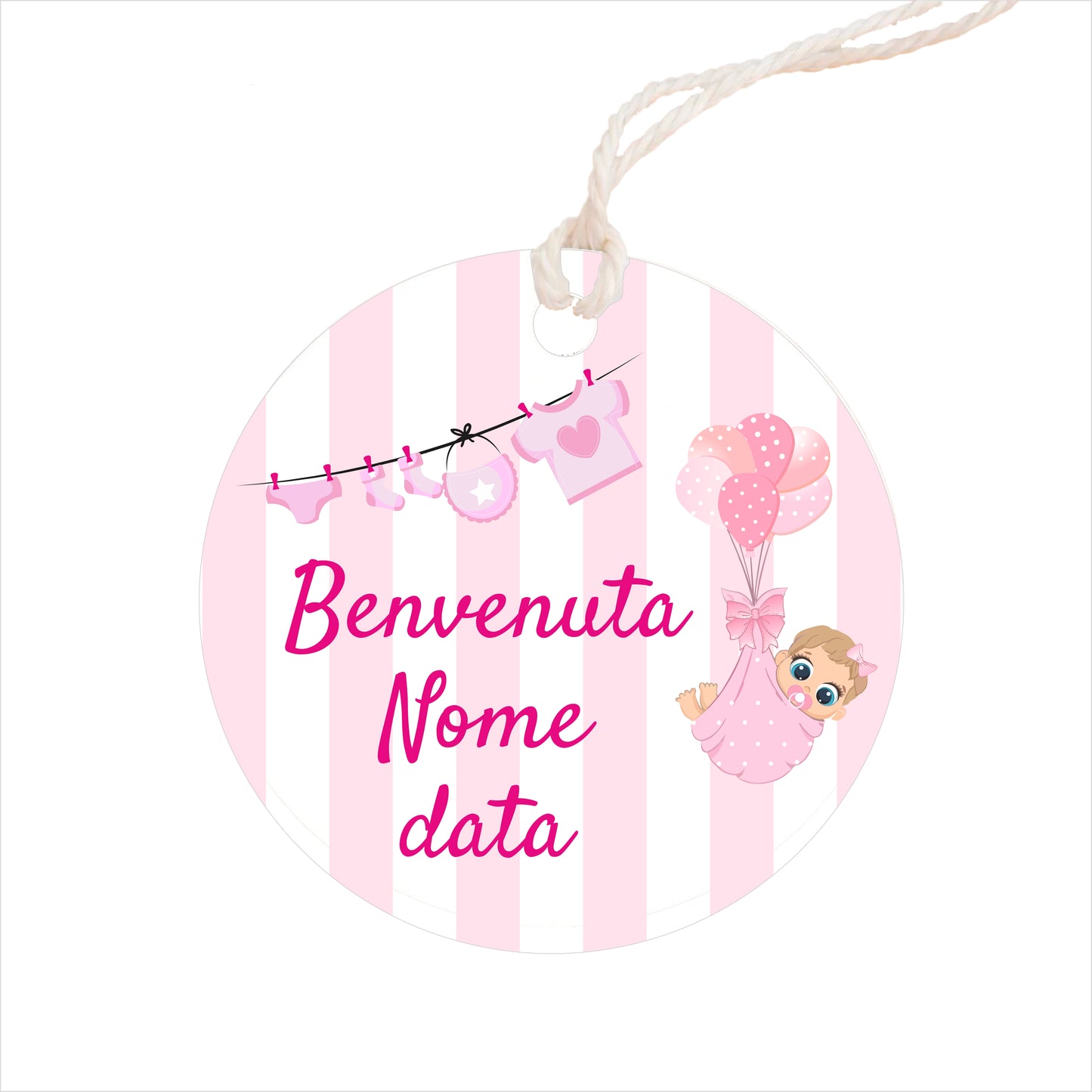 GLOBAL Bigliettini Bomboniera per Nascita Personalizzato - PALLONCINI BIMBA - Bigliettini Bomboniera con piega, Bigliettini Bomboniera tondo, Personalizzati con Nome e Data, MADE IN ITALY