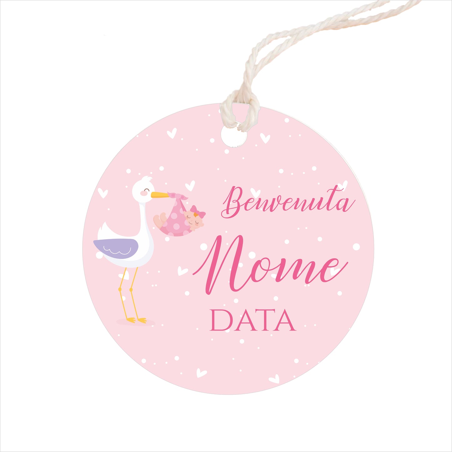GLOBAL Bigliettini Bomboniera per Nascita Personalizzato - CICOGNA E CUORI BIMBA - Bigliettini Bomboniera con piega, Bigliettini Bomboniera tondo, Personalizzati con Nome e Data, MADE IN ITALY