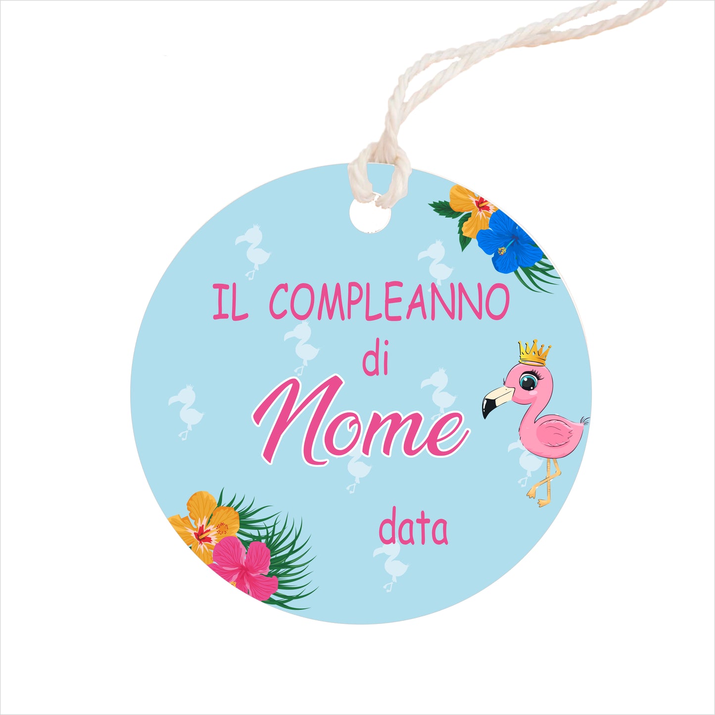 GLOBAL Bigliettini Bomboniera per Compleanno Personalizzato - FENICOTTERO - Bigliettini Bomboniera con piega, Bigliettini Bomboniera tondo, Personalizzati con Nome e Data, MADE IN ITALY
