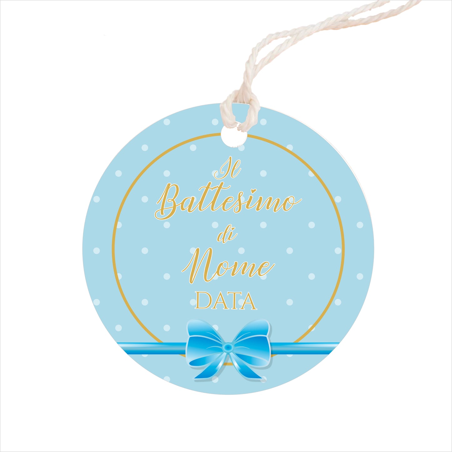 GLOBAL Bigliettini Bomboniera per Battesimo Personalizzato - FIOCCO AZZURRO - Bigliettini Bomboniera con piega, Bigliettini Bomboniera tondo, Personalizzati con Nome e Data, MADE IN ITALY