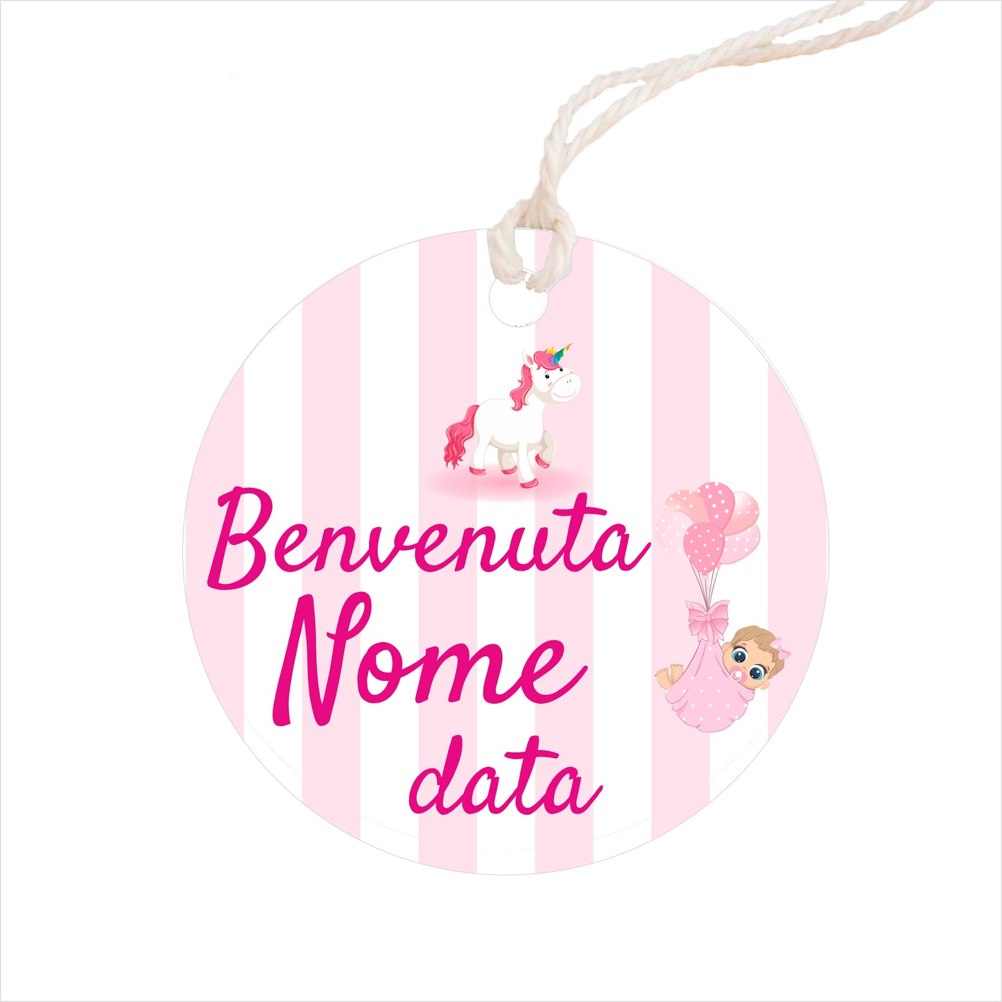 GLOBAL Bigliettini Bomboniera per Nascita Personalizzato - UNICORNO E PALLONCINI BIMBA - Bigliettini Bomboniera con piega, Bigliettini Bomboniera tondo, Personalizzati con Nome e Data, MADE IN ITALY