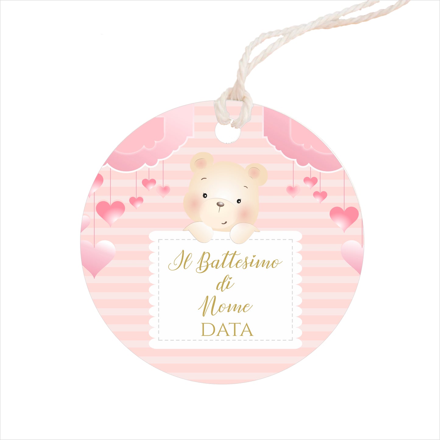 GLOBAL Bigliettini Bomboniera per Battesimo Personalizzato - ORSETTO BIMBA MOD. 3 - Bigliettini Bomboniera con piega, Bigliettini Bomboniera tondo, Personalizzati con Nome e Data, MADE IN ITALY