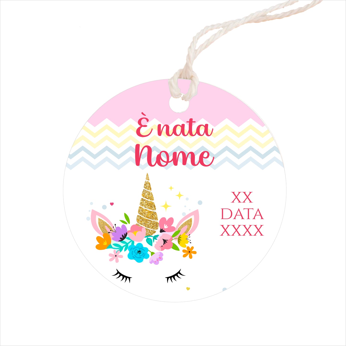GLOBAL Bigliettini Bomboniera per Nascita Personalizzato - UNICORNO - Bigliettini Bomboniera con piega, Bigliettini Bomboniera tondo, Personalizzati con Nome e Data, MADE IN ITALY
