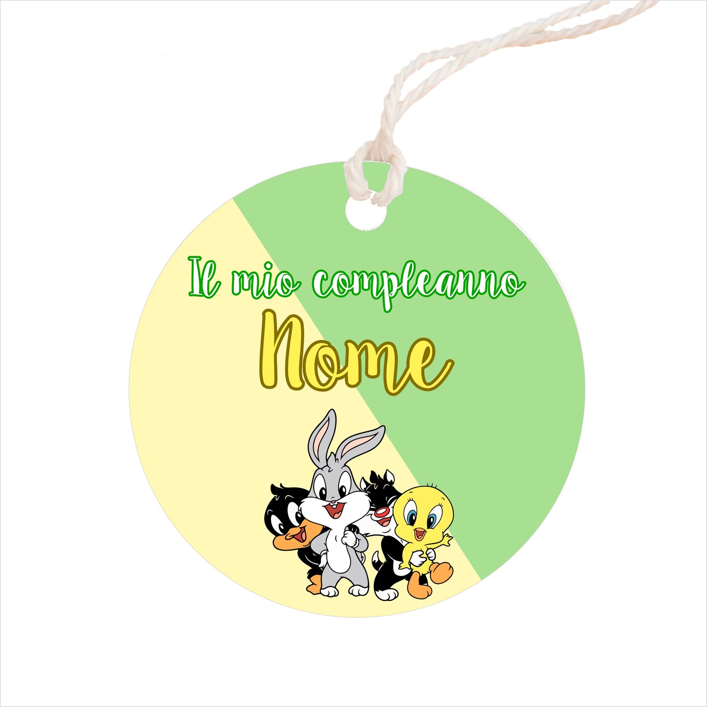 GLOBAL Bigliettini Bomboniera per Compleanno Personalizzato - BABY LOONEY TUNES - Bigliettini Bomboniera con piega, Bigliettini Bomboniera tondo, Personalizzati con Nome e Data, MADE IN ITALY
