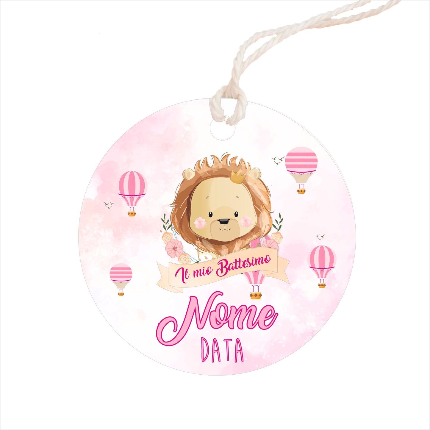 GLOBAL Bigliettini Bomboniera per Battesimo Personalizzato - LEONE BIMBA - Bigliettini Bomboniera con piega, Bigliettini Bomboniera tondo, Personalizzati con Nome e Data, MADE IN ITALY