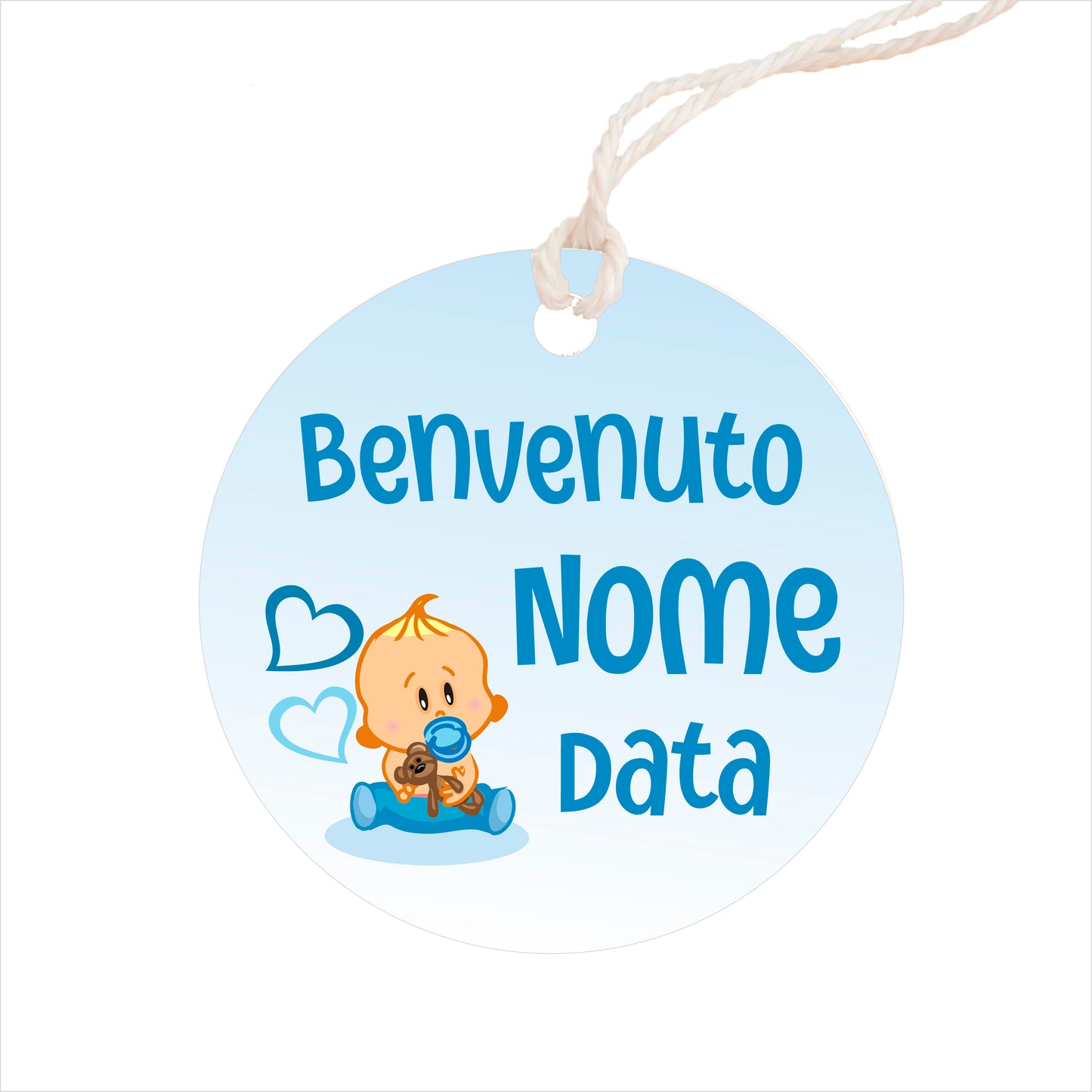 GLOBAL Bigliettini Bomboniera per Nascita Personalizzato - BIMBO E CIUCCIO - Bigliettini Bomboniera con piega, Bigliettini Bomboniera tondo, Personalizzati con Nome e Data, MADE IN ITALY