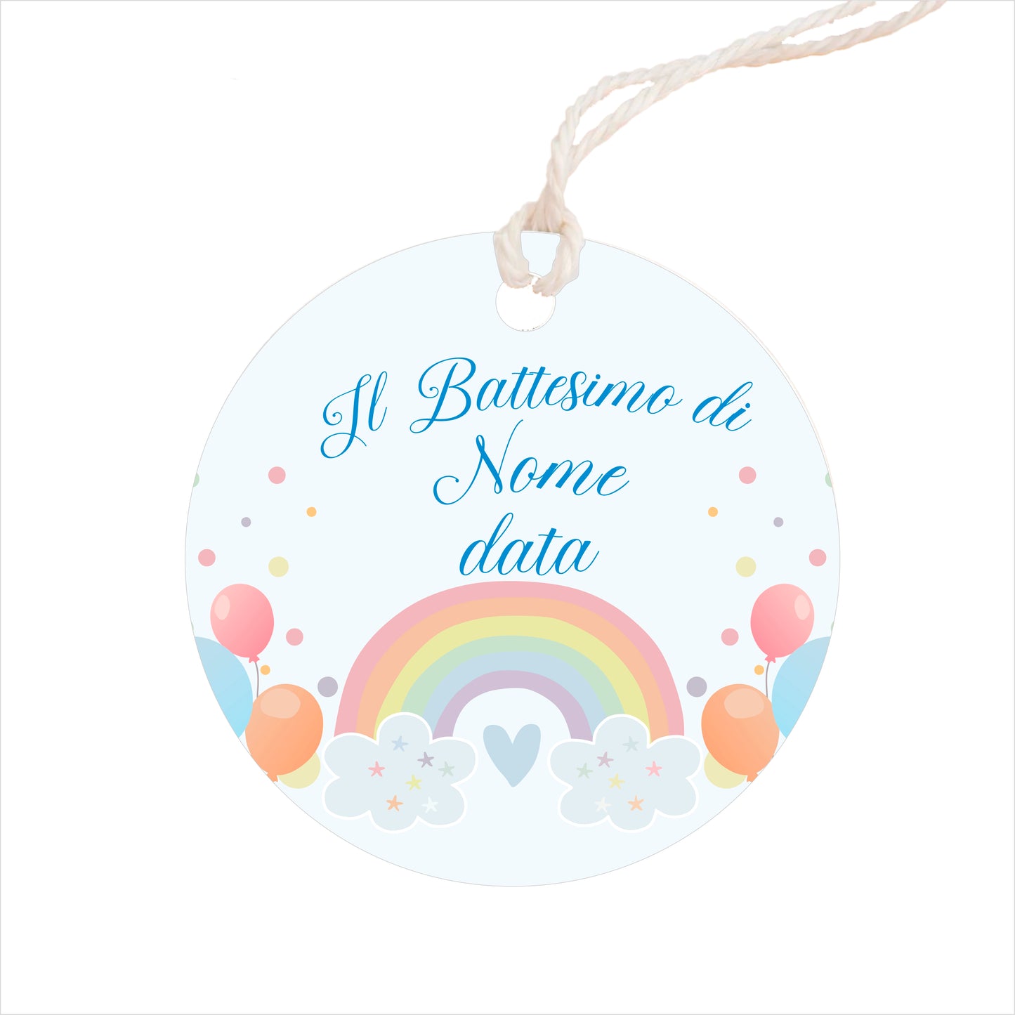 GLOBAL Bigliettini Bomboniera per Battesimo Personalizzato - ARCOBALENO - Bigliettini Bomboniera con piega, Bigliettini Bomboniera tondo, Personalizzati con Nome e Data, MADE IN ITALY