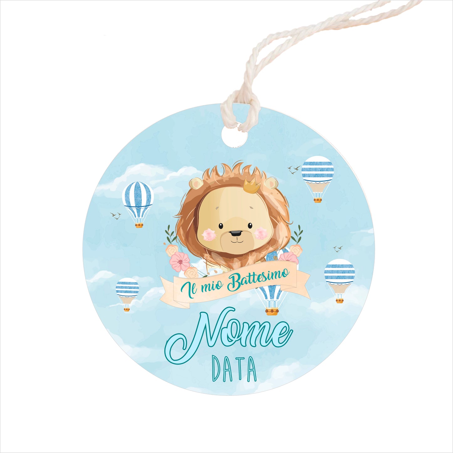 GLOBAL Bigliettini Bomboniera per Battesimo Personalizzato - LEONE BIMBO - Bigliettini Bomboniera con piega, Bigliettini Bomboniera tondo, Personalizzati con Nome e Data, MADE IN ITALY