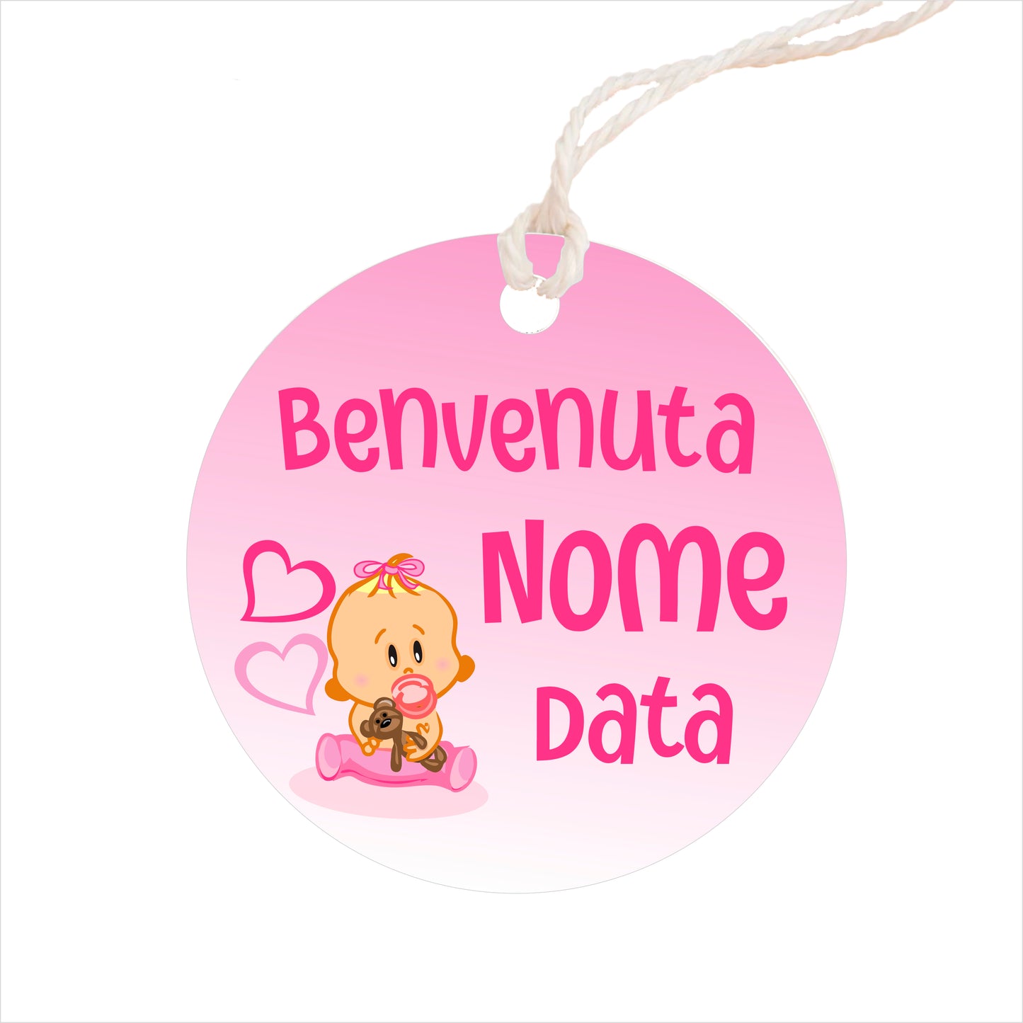 GLOBAL Bigliettini Bomboniera per Nascita Personalizzato - BIMBA E CIUCCIO - Bigliettini Bomboniera con piega, Bigliettini Bomboniera tondo, Personalizzati con Nome e Data, MADE IN ITALY
