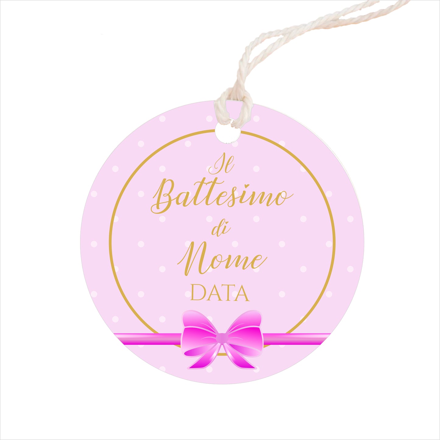 GLOBAL Bigliettini Bomboniera per Battesimo Personalizzato - FIOCCO ROSA - Bigliettini Bomboniera con piega, Bigliettini Bomboniera tondo, Personalizzati con Nome e Data, MADE IN ITALY