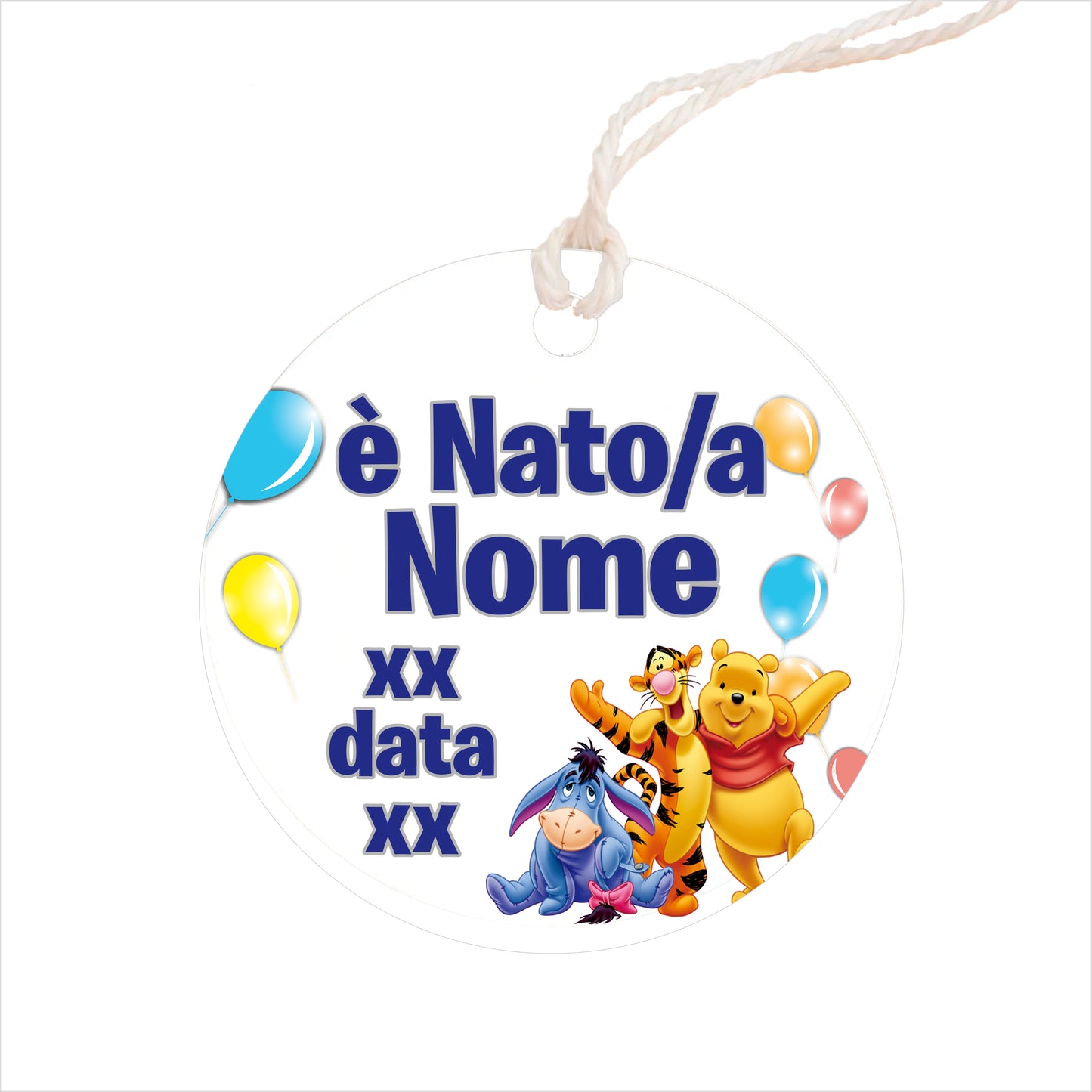 GLOBAL Bigliettini Bomboniera per Nascita Personalizzato - WINNIE THE POOH AND FRIENDS - Bigliettini Bomboniera con piega, Bigliettini Bomboniera tondo, Personalizzati con Nome e Data, MADE IN ITALY