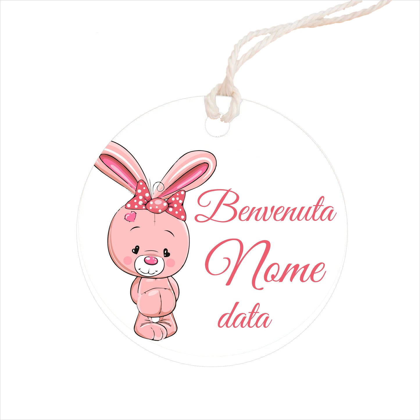GLOBAL Bigliettini Bomboniera per Nascita Personalizzato - CONIGLIETTO BIMBA - Bigliettini Bomboniera con piega, Bigliettini Bomboniera tondo, Personalizzati con Nome e Data, MADE IN ITALY