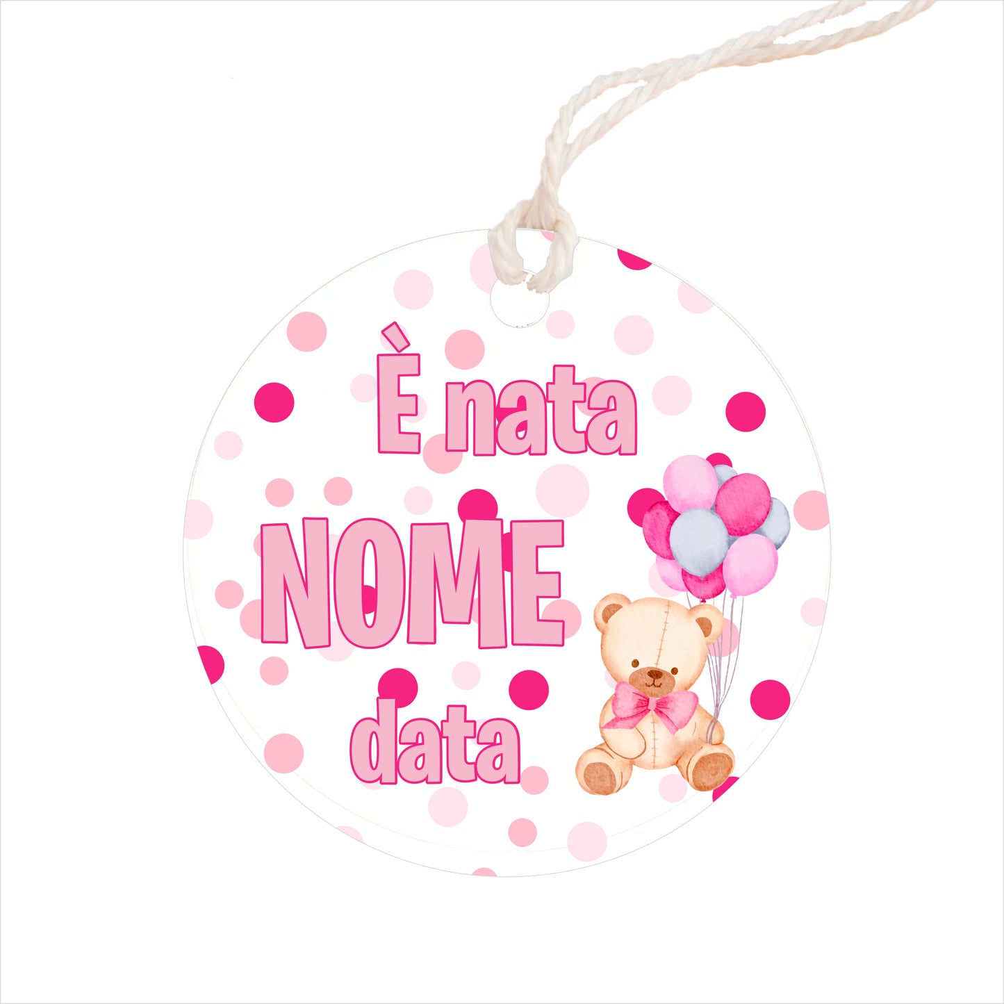 GLOBAL Bigliettini Bomboniera per Nascita Personalizzato - ORSETTO PALLONCINI BIMBA - Bigliettini Bomboniera con piega, Bigliettini Bomboniera tondo, Personalizzati con Nome e Data, MADE IN ITALY