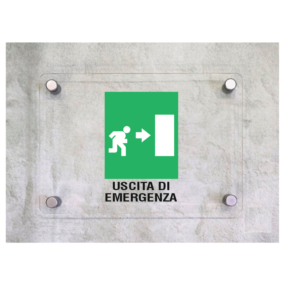 Global Targa Cartello in plexiglass - USCITA DI EMERGENZA A DESTRA VERTICALE - Con Distanziali in acciaio inox, Stampa UV.