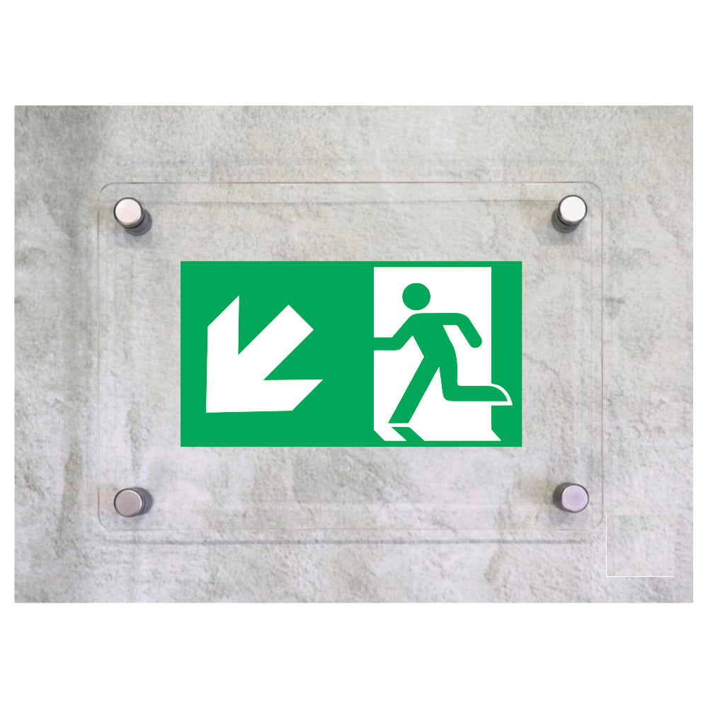 Global Targa Cartello in plexiglass UNI - USCITA DI EMERGENZA DISCESA SINISTRA - Con Distanziali in acciaio inox, Stampa UV