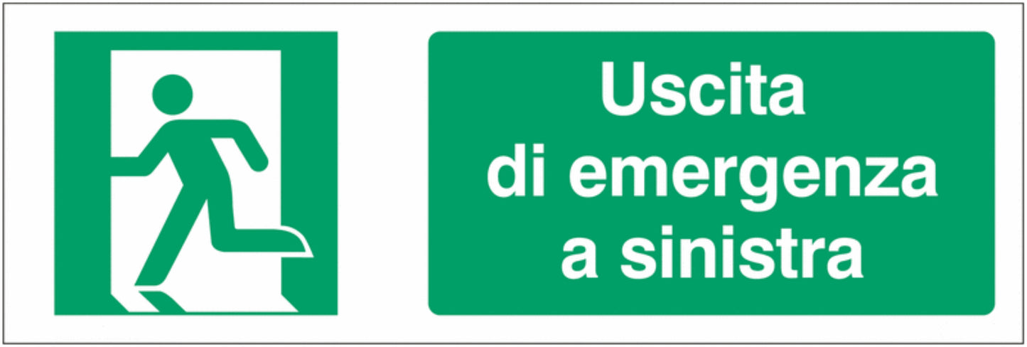 GLOBAL CARTELLO SEGNALETICO UNI - Uscita di emergenza a sinistra 2 - Adesivo Extra Resistente, Pannello in Forex, Pannello In Alluminio