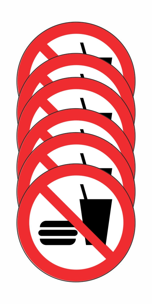 GLOBAL KIT DI 6 ADESIVI ROTONDI - VIETATO BERE E/O MANGIARE - Pittogramma ISO 7010 Con Stampa Diretta U.V. (IDEALE ANCHE PER ESTERNO)