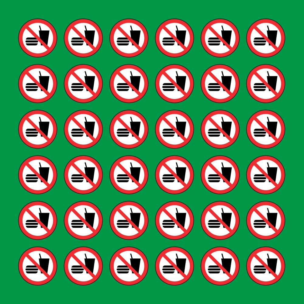 PACCO DA 6 KIT DI 6 ADESIVI ROTONDI - VIETATO BERE E/O MANGIARE - Pittogramma ISO 7010 Con Stampa Diretta U.V.