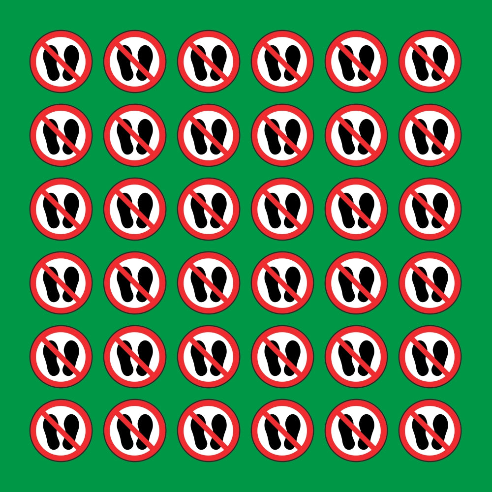 PACCO DA 6 KIT DI 6 ADESIVI ROTONDI - VIETATO CALPESTARE O SOSTARE IN QUESTA ZONA - Pittogramma ISO 7010 Con Stampa Diretta U.V.