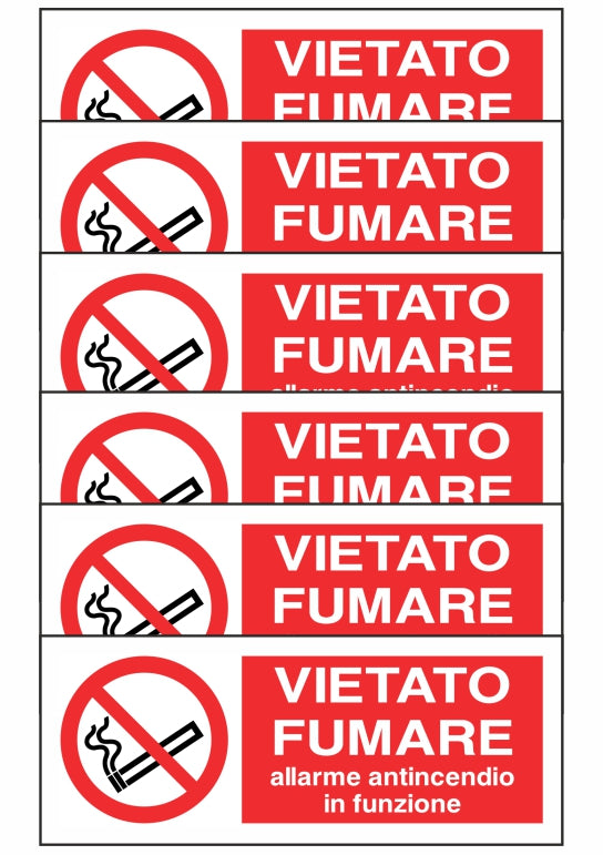 KIT DI 6 ADESIVI UNI - VIETATO FUMARE - ALLARME ANTINCENDIO IN FUNZIONE - Pittogramma ISO 7010 Con Stampa Diretta U.V. (IDEALE ANCHE PER ESTERNO)