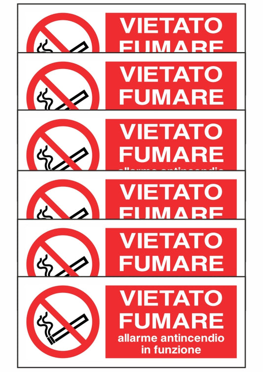 KIT DI 6 ADESIVI UNI - VIETATO FUMARE - ALLARME ANTINCENDIO IN FUNZIONE - Pittogramma ISO 7010 Con Stampa Diretta U.V. (IDEALE ANCHE PER ESTERNO)