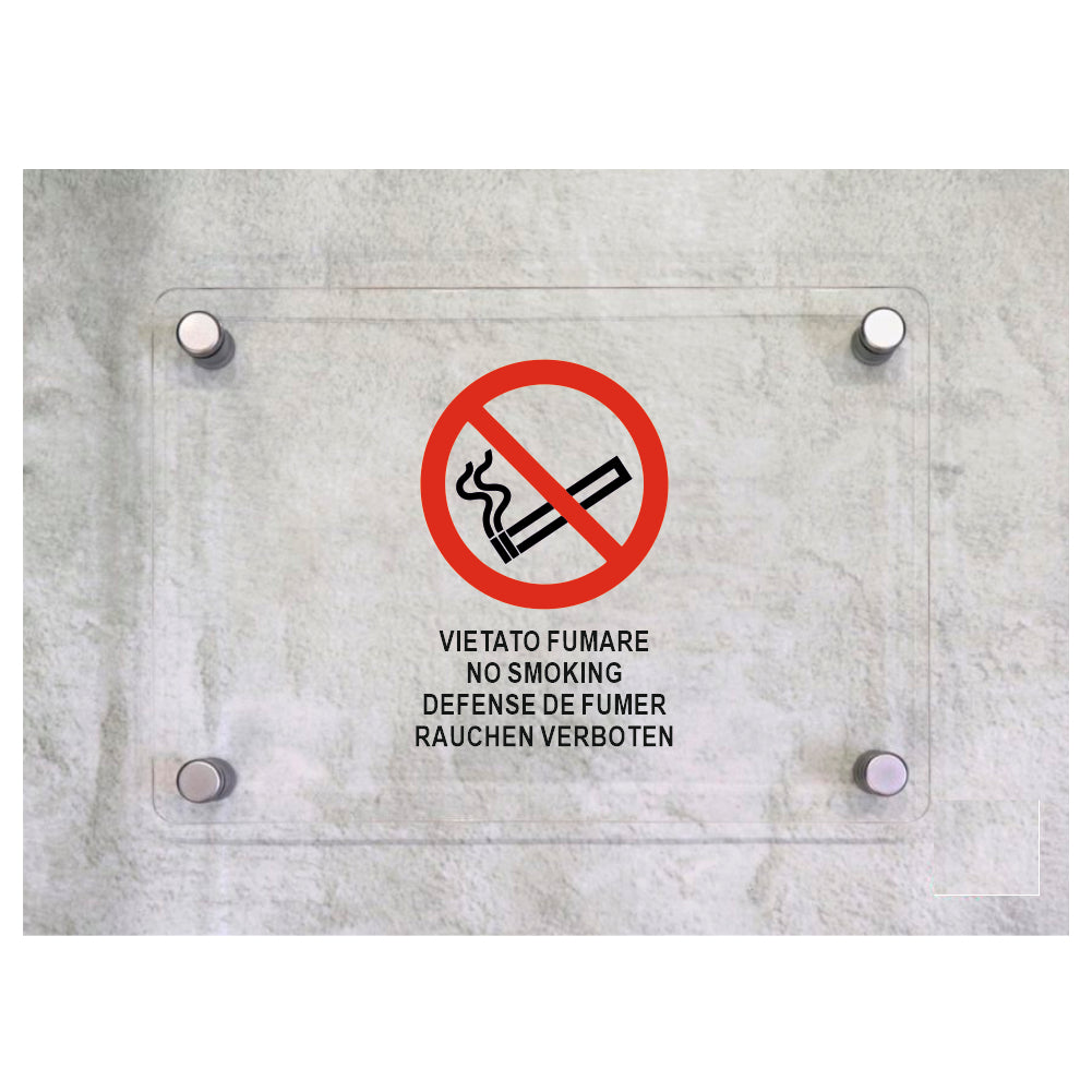 Global Targa Cartello in plexiglass - VIETATO FUMARE MULTILINGUE VERTICALE - Con Distanziali in acciaio inox, Stampa UV