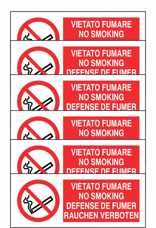 GLOBAL KIT DI 6 ADESIVI UNI - VIETATO FUMARE - 4 lingue - Pittogramma ISO 7010 Con Stampa Diretta U.V. (IDEALE ANCHE PER ESTERNO)