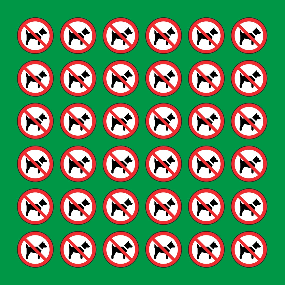 PACCO DA 6 KIT DI 6 ADESIVI ROTONDI - VIETATO L'ACCESSO AI CANI - Pittogramma ISO 7010 Con Stampa Diretta U.V.