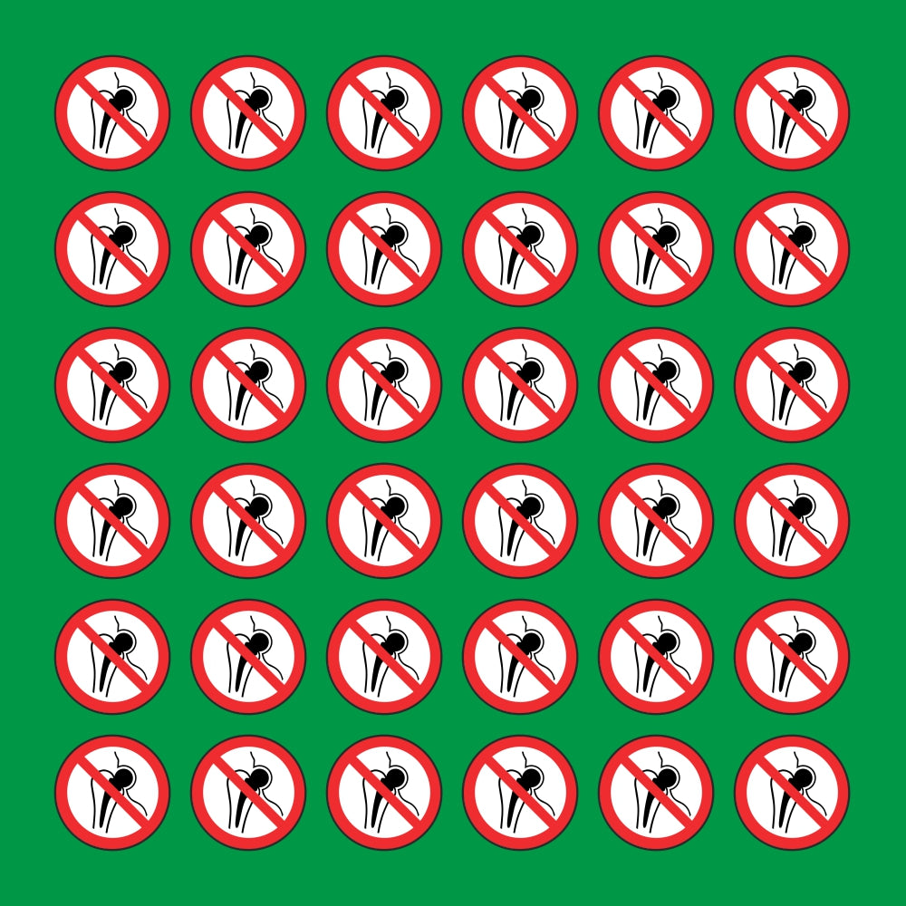 PACCO DA 6 KIT DI 6 ADESIVI ROTONDI - VIETATO L'ACCESSO AI PORTATORI DI PROTESI METALLICHE - Pittogramma ISO 7010 Con Stampa Diretta U.V.