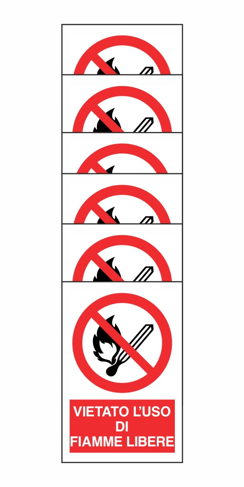 KIT DI 6 ADESIVI RETTANGOLARI - VIETATO L'USO DI FIAMME LIBERE - Pittogramma ISO 7010 Con Stampa Diretta U.V. (IDEALE ANCHE PER ESTERNO)