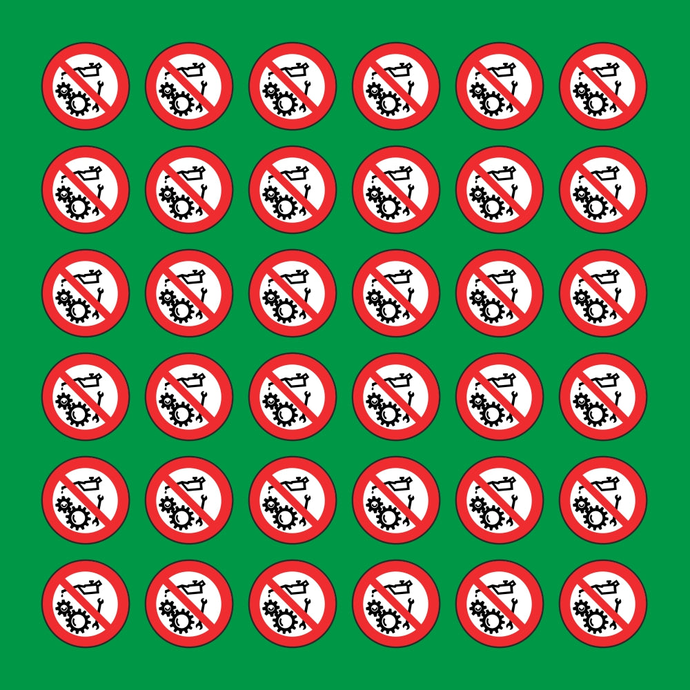 PACCO DA 6 KIT DI 6 ADESIVI ROTONDI - VIETATO RIPARARE, REGISTRARE, OLIARE CON ORGANI IN MOTO - Pittogramma ISO 7010 Con Stampa Diretta U.V.