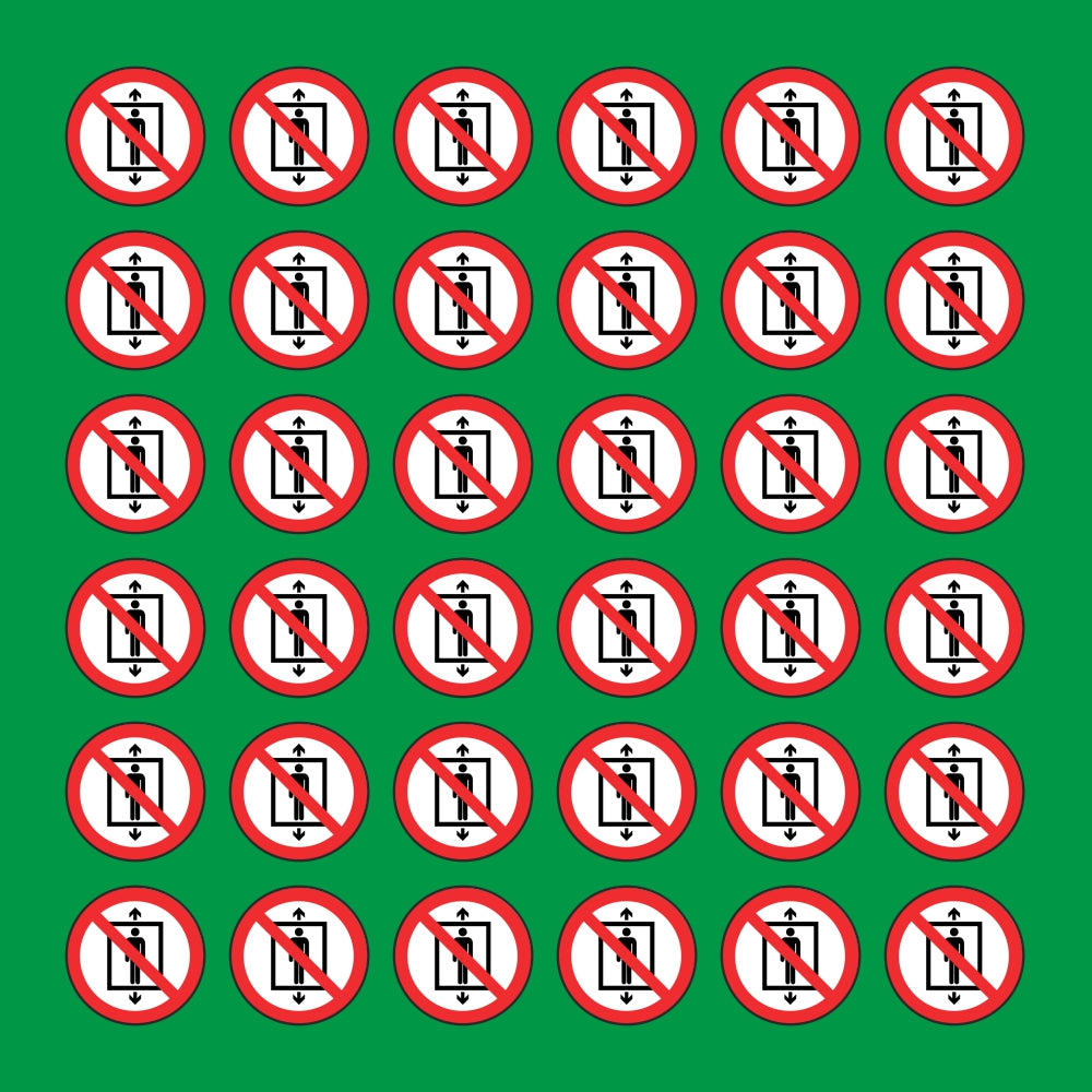 PACCO DA 6 KIT DI 6 ADESIVI ROTONDI - VIETATO UTILIZZARE IL MONTACARICHI - Pittogramma ISO 7010 Con Stampa Diretta U.V.