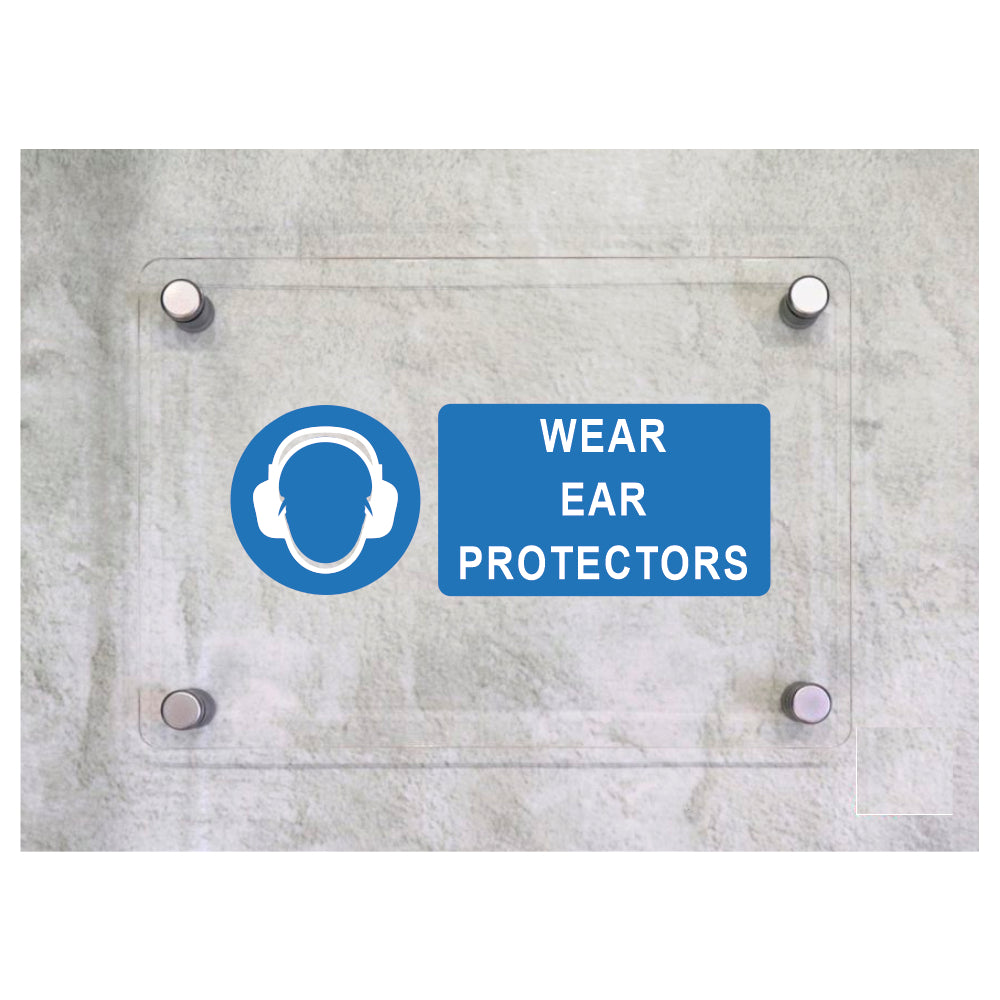 Global Targa Cartello in plexiglass UNI - WEAR EAR PROTECTORS - Con Distanziali in acciaio inox, Stampa UV