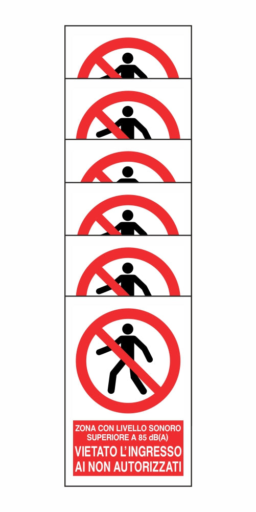 KIT DI 6 ADESIVI RETTANGOLARI - ZONA CON LIVELLO SONORO SUPERIORE A 85dBA - Pittogramma ISO 7010 Con Stampa Diretta U.V. (IDEALE ANCHE PER ESTERNO)