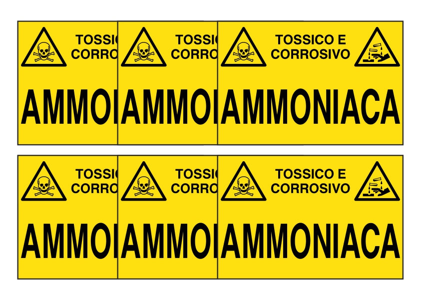 KIT DI 6 ADESIVI RETTANGOLARI - AMMONIACA - Pittogramma ISO 7010 Con Stampa Diretta U.V. (IDEALE ANCHE PER ESTERNO)