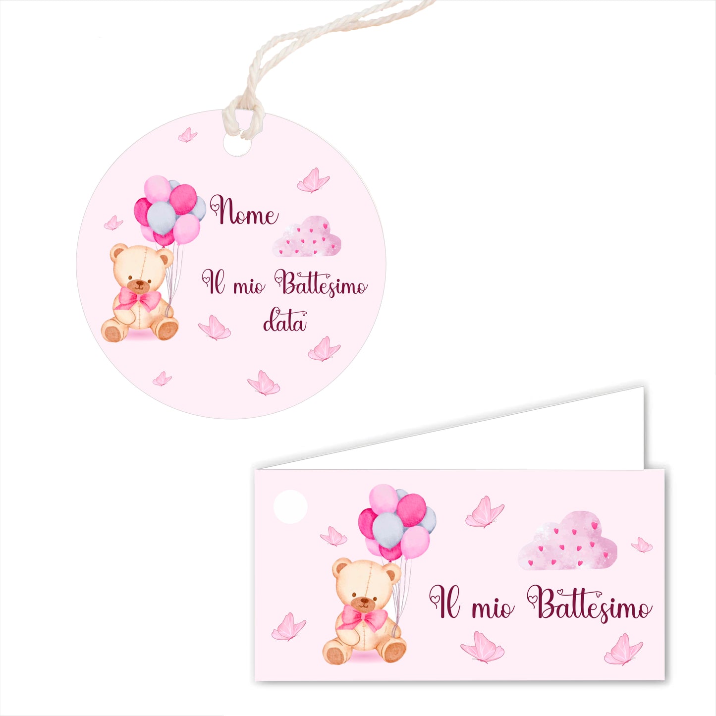 GLOBAL Bigliettini Bomboniera per Battesimo Personalizzato - ORSETTO E PALLONCINI BIMBA - Bigliettini Bomboniera con piega, Bigliettini Bomboniera tondo, Personalizzati con Nome e Data, MADE IN ITALY