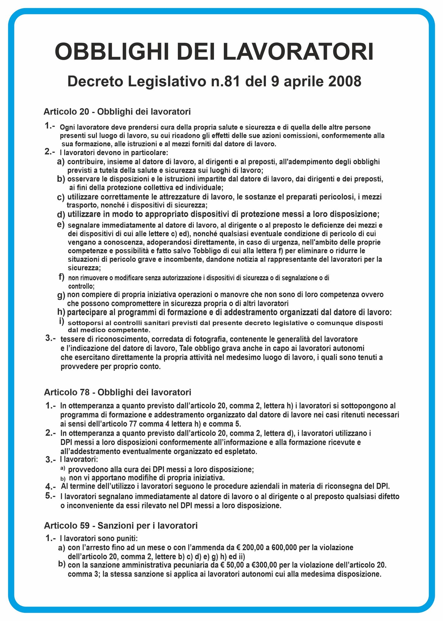 GLOBAL CARTELLO SEGNALETICO - obblighi dei lavoratori - Adesivo Resistente, Pannello in Forex, Pannello In Alluminio