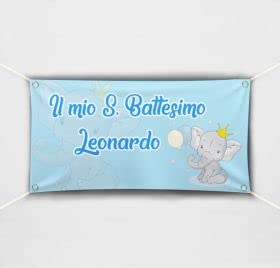 BANNER STRISCIONE BATTESIMO - Elefantino Con corona AZZURRO - CON IL TUO NOME bimbo
