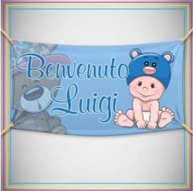 Striscione Nascita Personalizzato Bambina Luna – Banner PVC Per Esterno 150x100 Cm Con Nome Neonato (Azzurro)