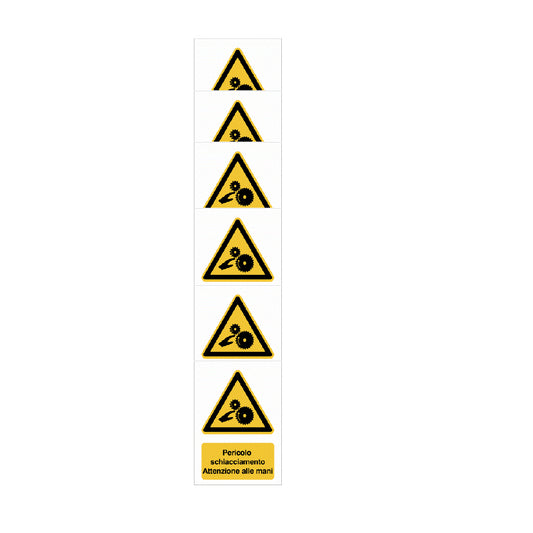 KIT DI 6 ADESIVI - Pericolo schiacciamento, Attenzione alle mani - Pittogramma ISO 7010 Con Stampa Diretta U.V. (IDEALE ANCHE PER ESTERNO)