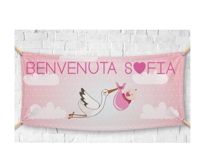 BANNER STRISCIONE NASCITA - Cicogna in volo Rosa - CON IL TUO NOME bimbo neonato