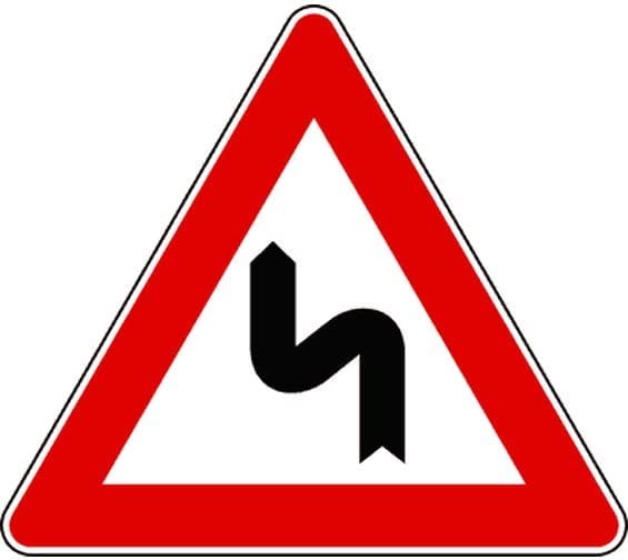 CARTELLO IN LAMIERA SCATOLATA TRIANGOLO lato 90cm - Doppia curva a sinistra - SEGNALE CATARIFRAGENTE CLASSE 1 O 2 (a nido d'ape)