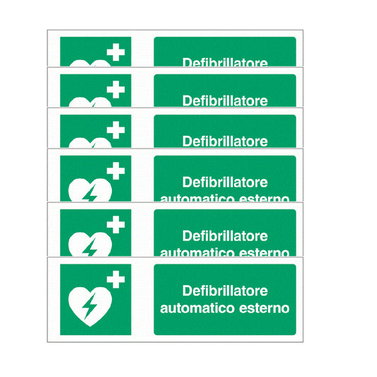 KIT DI 6 ADESIVI UNI - "Defibrillatore automatico esterno"- Pittogramma ISO 7010 Con Stampa Diretta U.V. (IDEALE ANCHE PER ESTERNO)