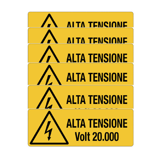 KIT DI 6 ADESIVI UNI - Alta tensione Volt 20.000- Pittogramma ISO 7010 Con Stampa Diretta U.V. (IDEALE ANCHE PER ESTERNO)