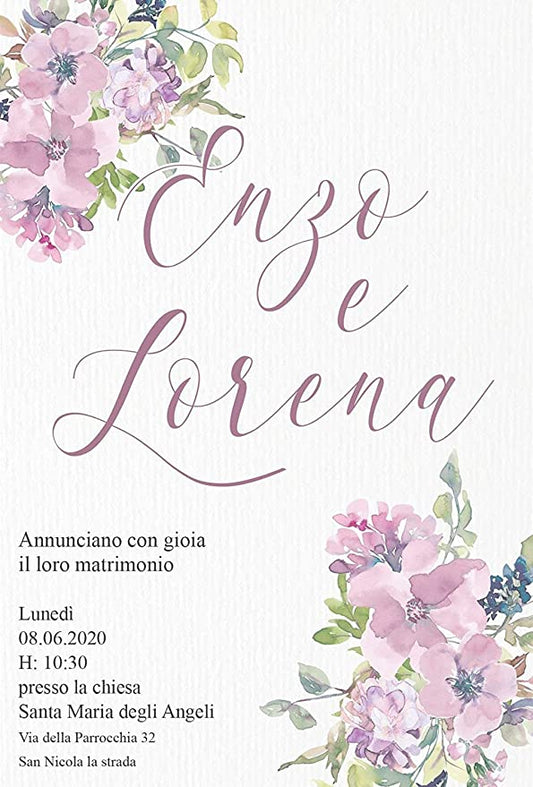 Partecipazioni di Matrimonio Personalizzate IN PLEXIGLASS CON STAMPA AD ALTA QUALITÁ - fiori acquerello lilla malva - completamente PERSONALIZZABILE