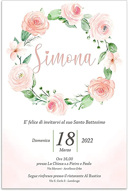Partecipazioni di BATTESIMO Personalizzate IN PLEXIGLASS CON STAMPA AD ALTA QUALITÁ - fiori rosa - completamente PERSONALIZZABILE